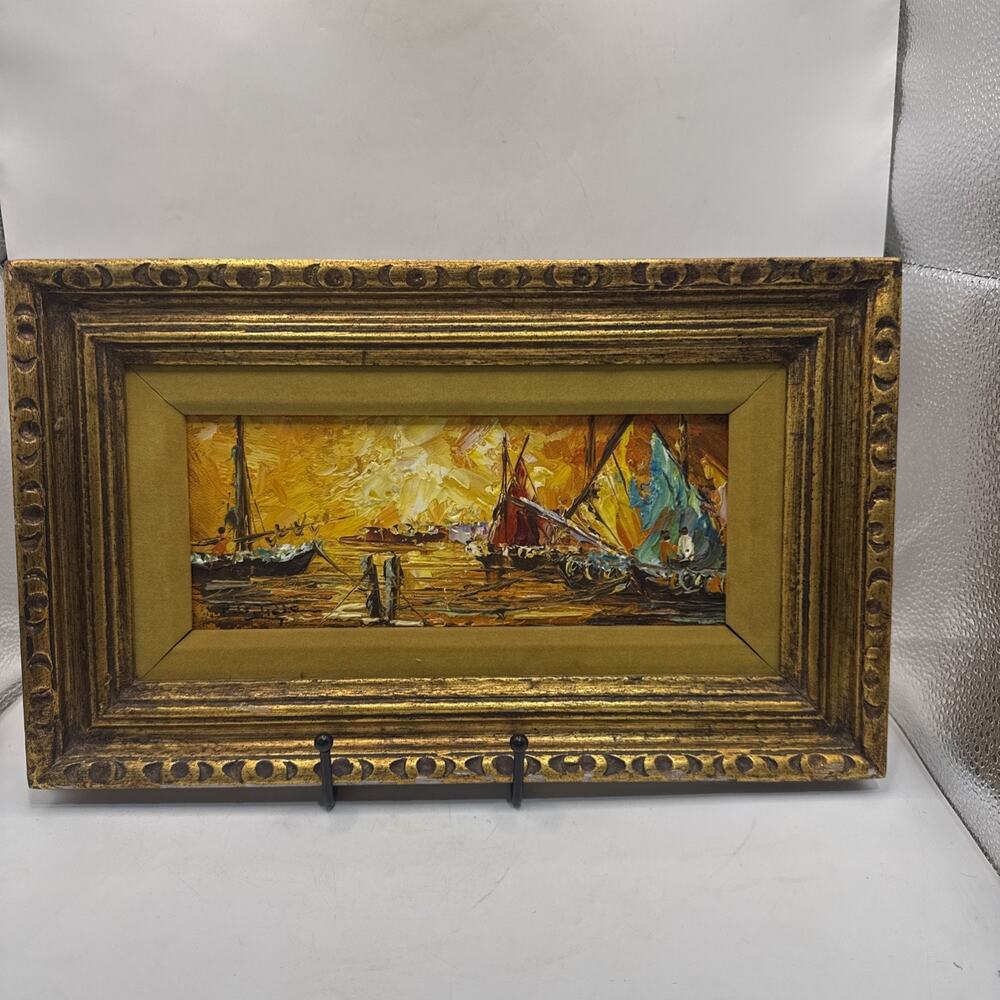 P.G. Tiele Signed Original Oil Painting Harbor Boats Impasto Mid Century *